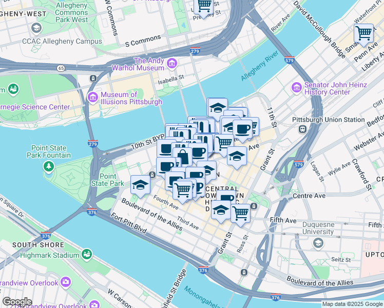 map of restaurants, bars, coffee shops, grocery stores, and more near 625 Penn Avenue in Pittsburgh