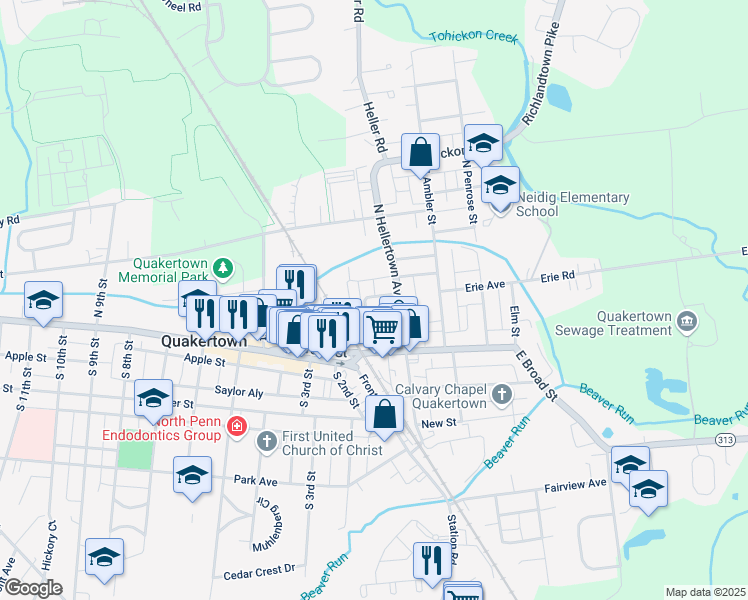 map of restaurants, bars, coffee shops, grocery stores, and more near 49 Belmont Avenue in Quakertown