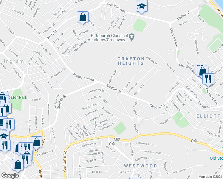 map of restaurants, bars, coffee shops, grocery stores, and more near 1449 Steuben Street in Pittsburgh