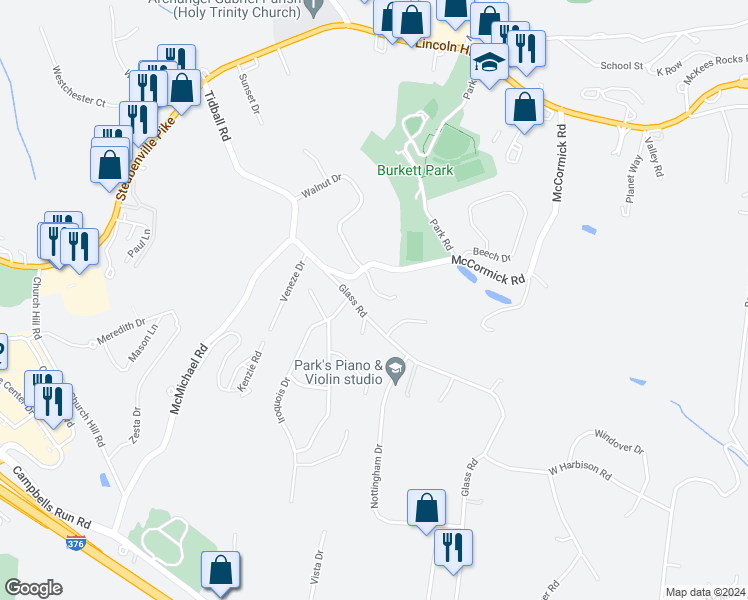 map of restaurants, bars, coffee shops, grocery stores, and more near 506 Walnut Drive in McKees Rocks