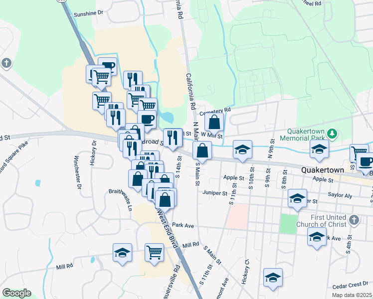 map of restaurants, bars, coffee shops, grocery stores, and more near 1405 West Broad Street in Quakertown