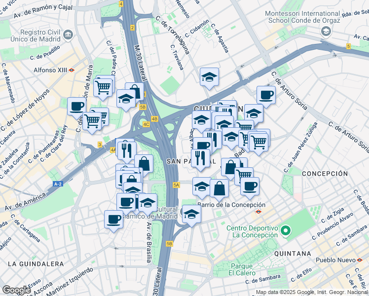 map of restaurants, bars, coffee shops, grocery stores, and more near 5 Calle de Albacete in Madrid