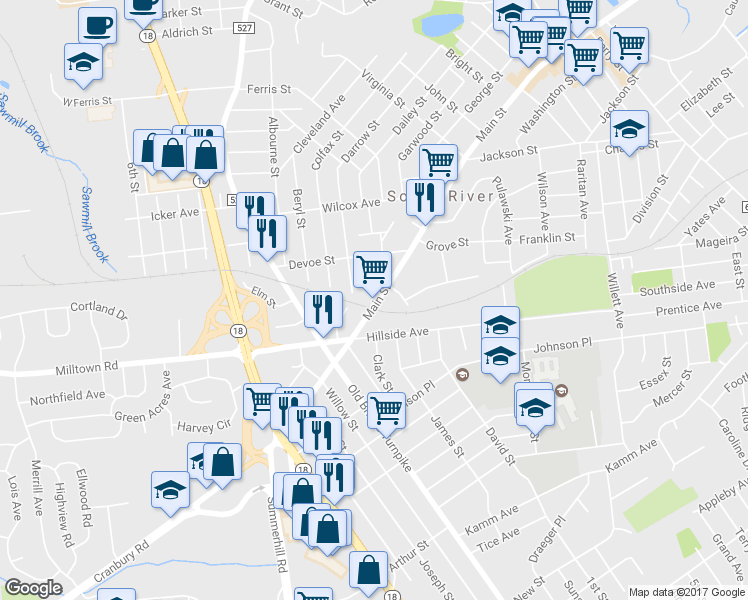 map of restaurants, bars, coffee shops, grocery stores, and more near 271 Main Street in South River