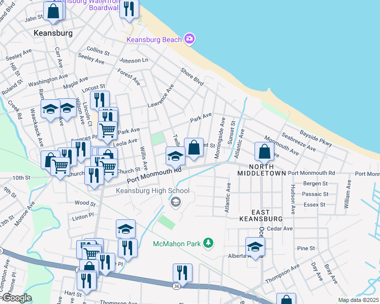 map of restaurants, bars, coffee shops, grocery stores, and more near 1 Beacon Terrace in Keansburg