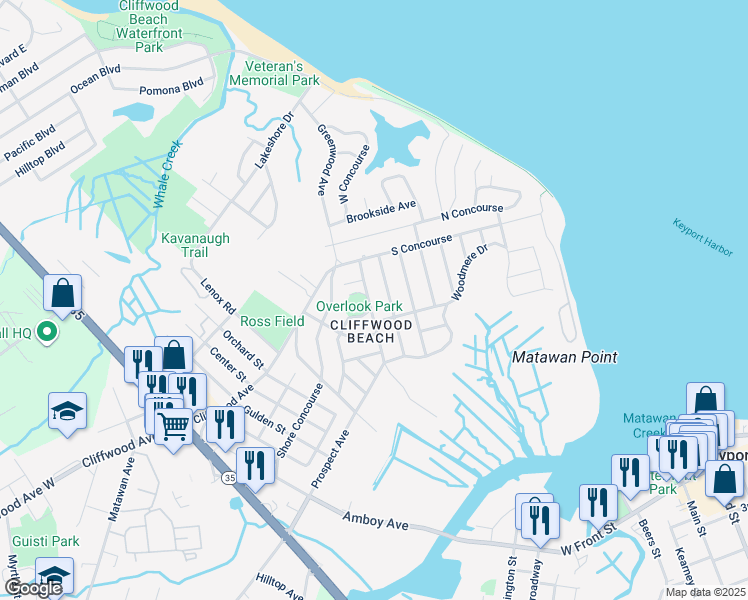 map of restaurants, bars, coffee shops, grocery stores, and more near 837 Prospect Avenue in Keyport