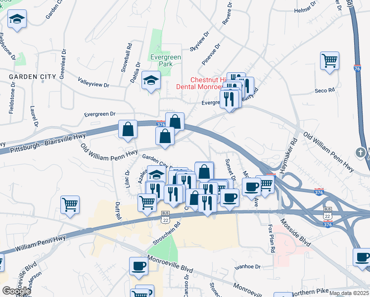 map of restaurants, bars, coffee shops, grocery stores, and more near 279 Center Road in Monroeville