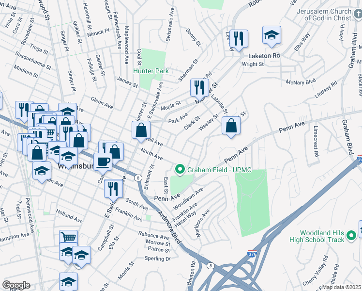 map of restaurants, bars, coffee shops, grocery stores, and more near 1302 Clark Street in Pittsburgh