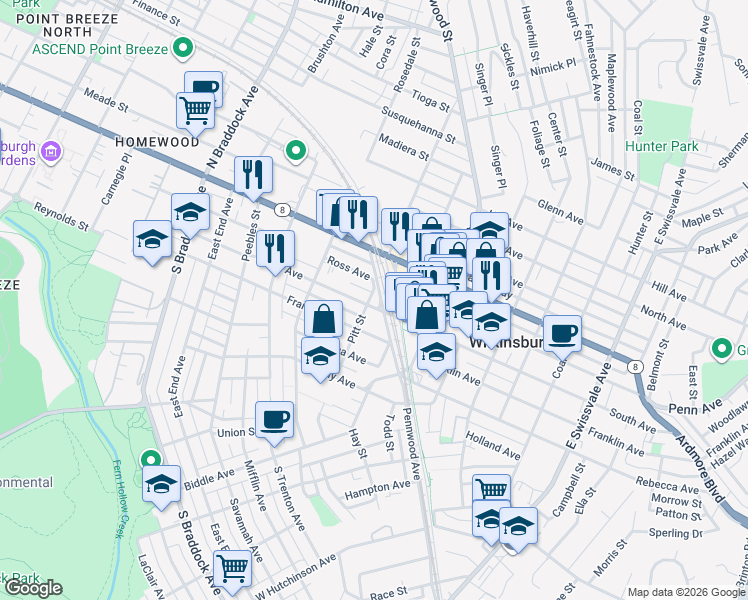 map of restaurants, bars, coffee shops, grocery stores, and more near 444 South Avenue in Pittsburgh