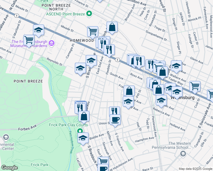 map of restaurants, bars, coffee shops, grocery stores, and more near 410 South Trenton Avenue in Pittsburgh