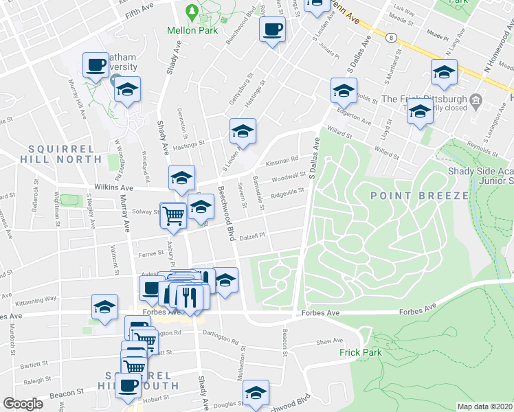 map of restaurants, bars, coffee shops, grocery stores, and more near 1454 Barnsdale Street in Pittsburgh