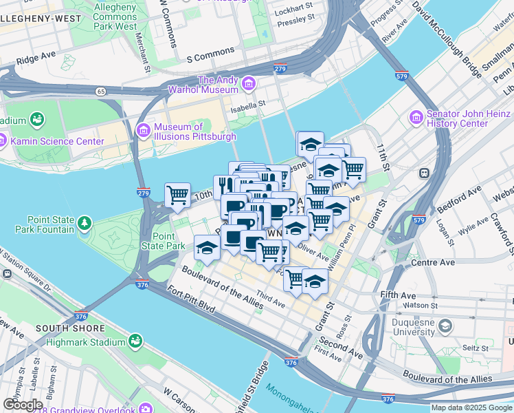 map of restaurants, bars, coffee shops, grocery stores, and more near in Pittsburgh