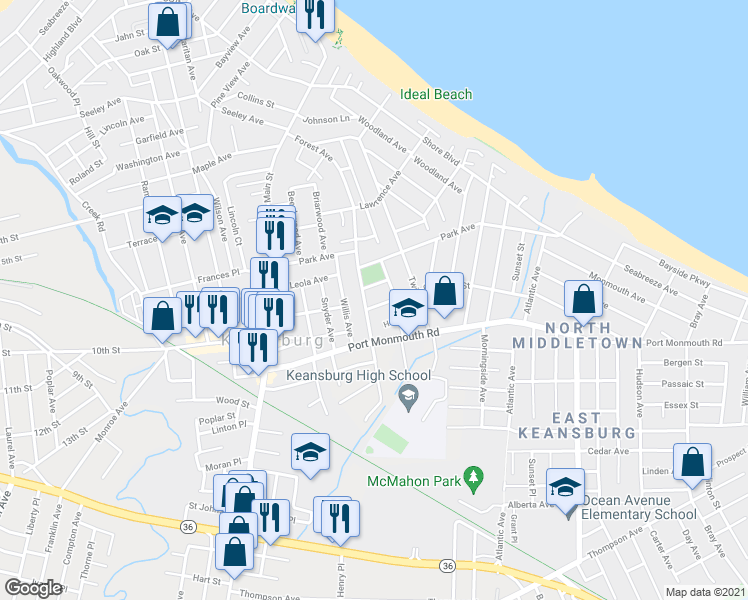 map of restaurants, bars, coffee shops, grocery stores, and more near 3 Crescent Street in Keansburg