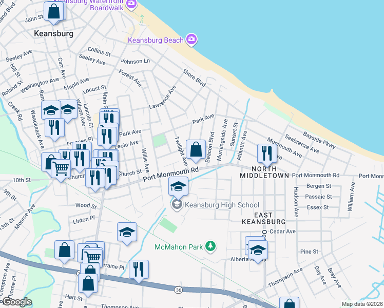 map of restaurants, bars, coffee shops, grocery stores, and more near 1 Beacon Terrace in Keansburg