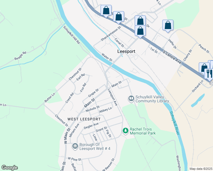 map of restaurants, bars, coffee shops, grocery stores, and more near 52 Lee Street in Leesport