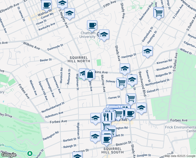 map of restaurants, bars, coffee shops, grocery stores, and more near 5733 Solway Street in Pittsburgh