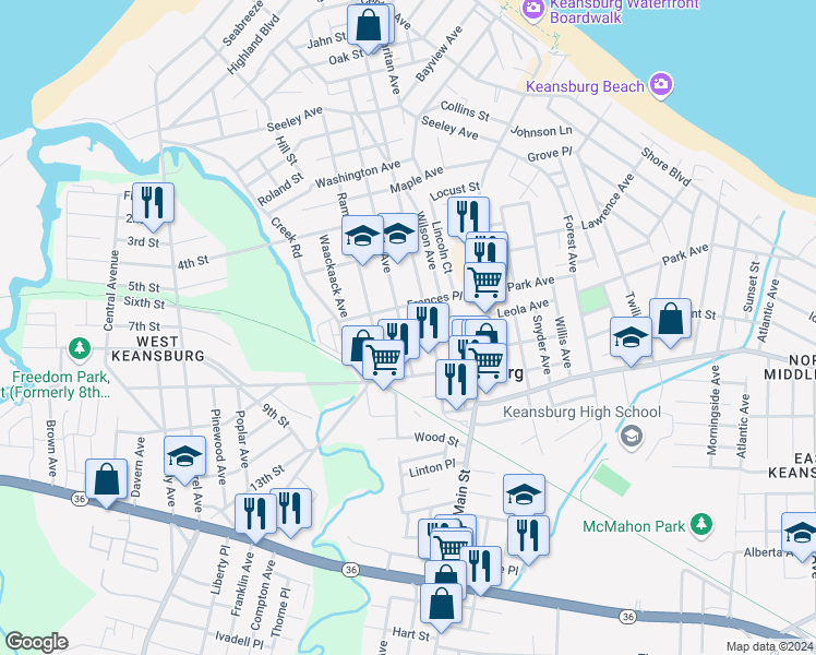 map of restaurants, bars, coffee shops, grocery stores, and more near 63 Manning Place in Keansburg