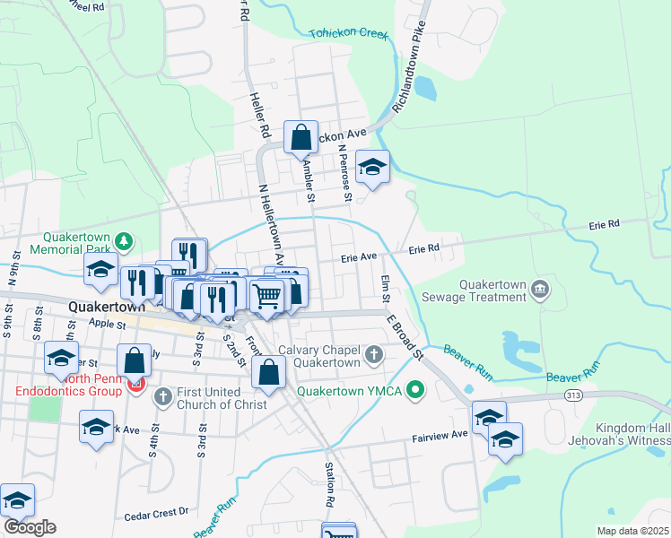 map of restaurants, bars, coffee shops, grocery stores, and more near 314 Erie Avenue in Quakertown