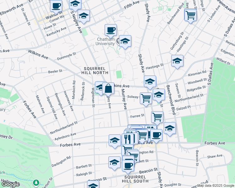 map of restaurants, bars, coffee shops, grocery stores, and more near 5733 Solway Street in Pittsburgh