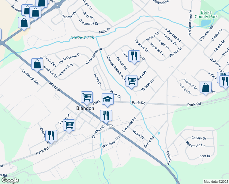 map of restaurants, bars, coffee shops, grocery stores, and more near 285 Spirit Court in Blandon