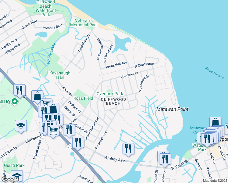map of restaurants, bars, coffee shops, grocery stores, and more near 837 Prospect Avenue in Keyport