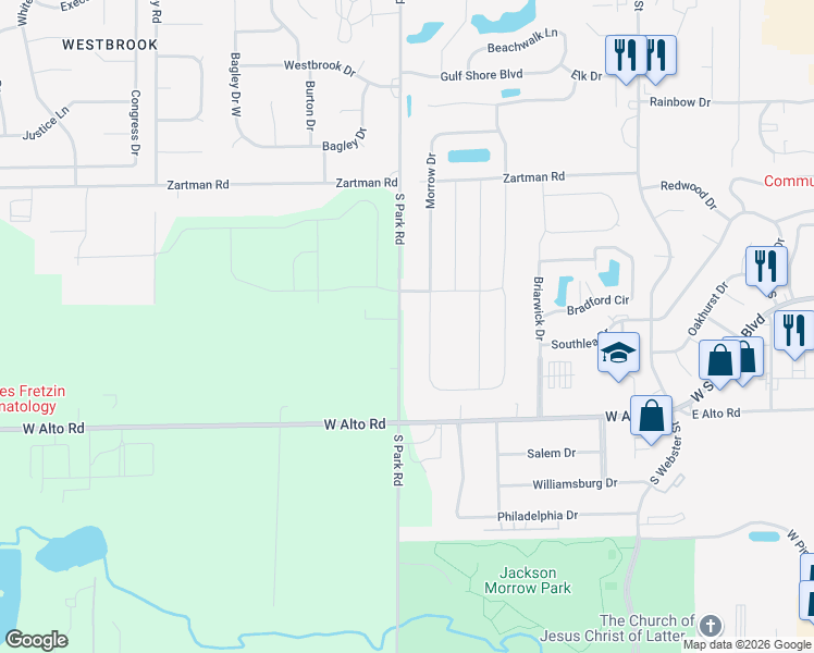 map of restaurants, bars, coffee shops, grocery stores, and more near 3716 South Park Road in Kokomo
