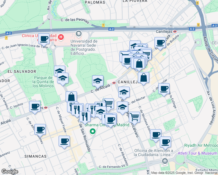 map of restaurants, bars, coffee shops, grocery stores, and more near 544 Calle de Alcalá in Madrid