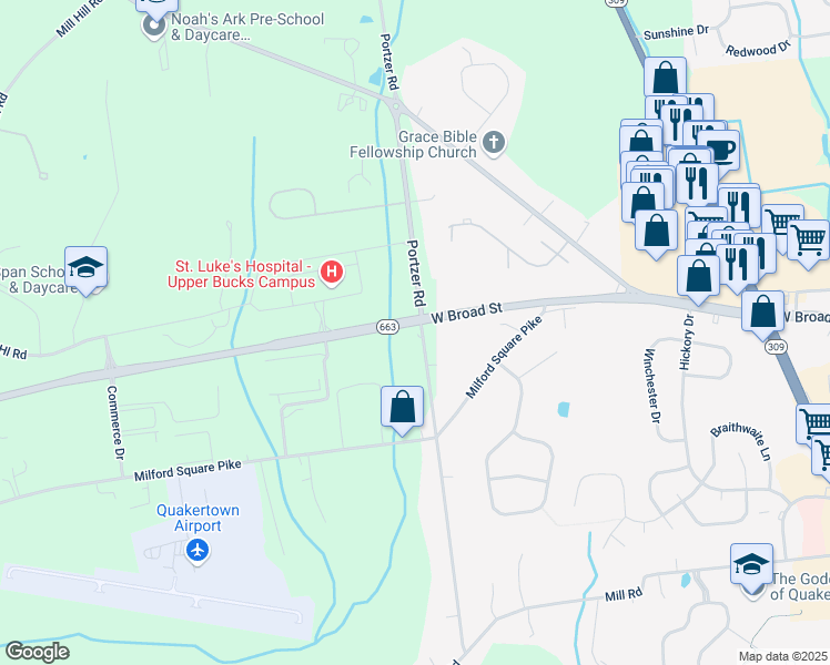 map of restaurants, bars, coffee shops, grocery stores, and more near 2170 Portzer Road in Quakertown
