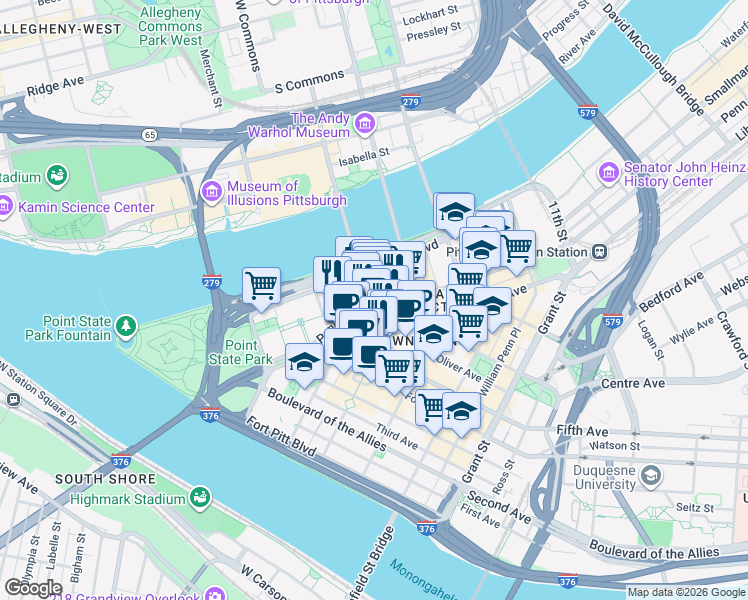 map of restaurants, bars, coffee shops, grocery stores, and more near in Pittsburgh
