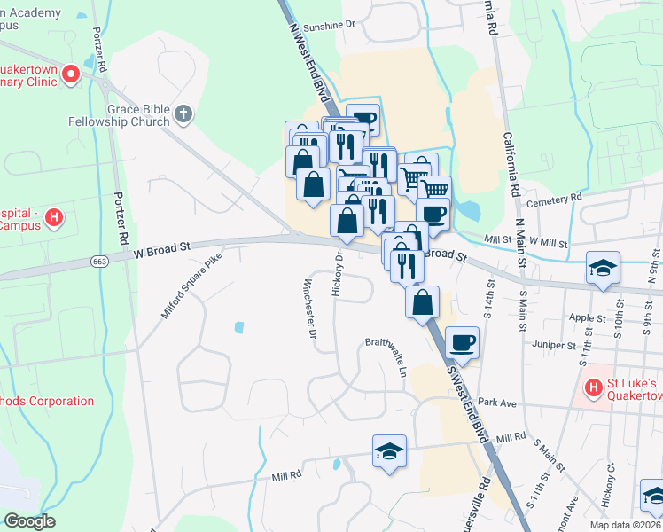 map of restaurants, bars, coffee shops, grocery stores, and more near 26 Hickory Lane in Quakertown