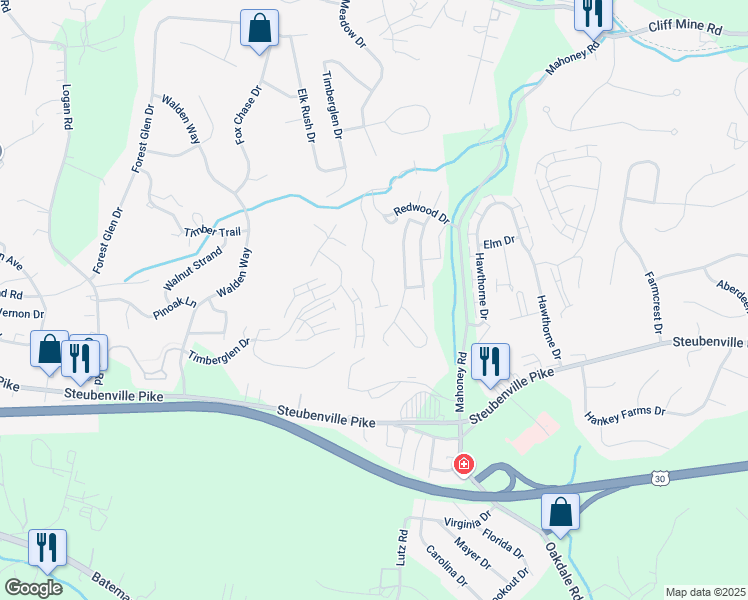 map of restaurants, bars, coffee shops, grocery stores, and more near 227 Valleyview Drive in Oakdale