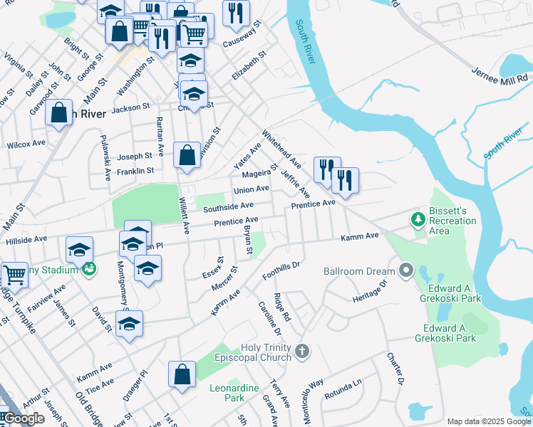 map of restaurants, bars, coffee shops, grocery stores, and more near 62 Prentice Avenue in South River