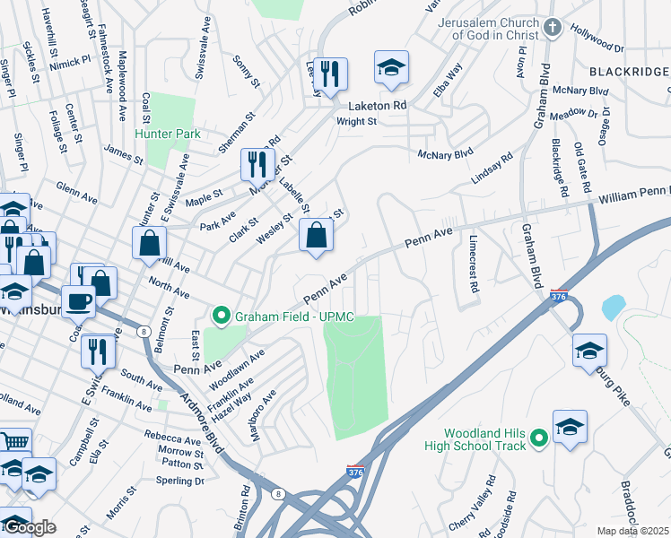map of restaurants, bars, coffee shops, grocery stores, and more near 1601 Penn Avenue in Pittsburgh