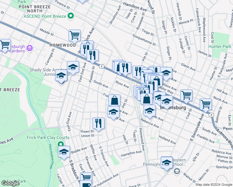 map of restaurants, bars, coffee shops, grocery stores, and more near 419 Franklin Avenue in Pittsburgh