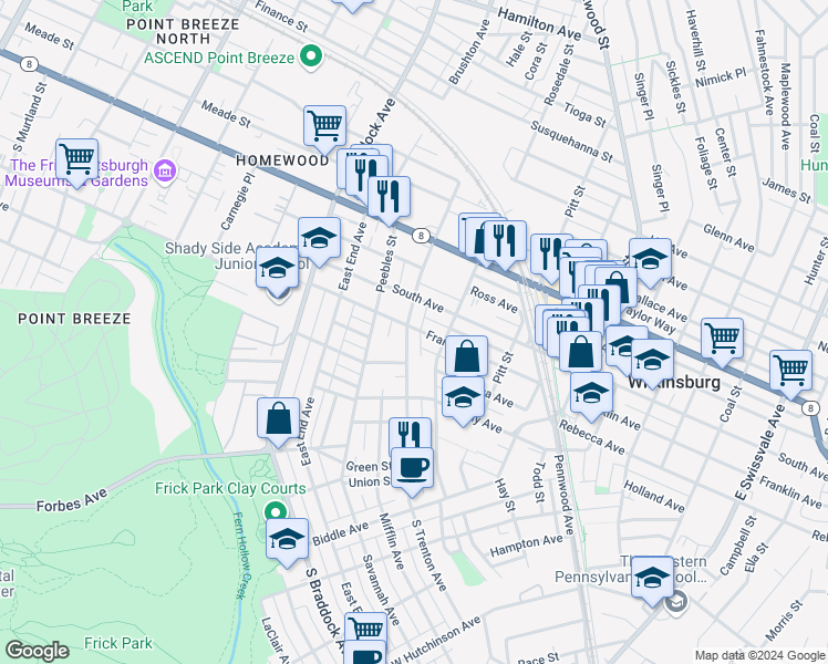 map of restaurants, bars, coffee shops, grocery stores, and more near 318 Franklin Avenue in Pittsburgh