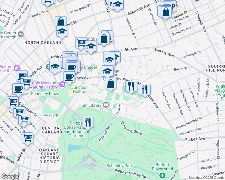 map of restaurants, bars, coffee shops, grocery stores, and more near 5032 Forbes Avenue in Pittsburgh