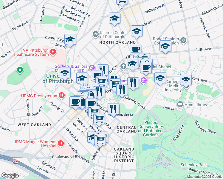map of restaurants, bars, coffee shops, grocery stores, and more near 4208 Forbes Avenue in Pittsburgh
