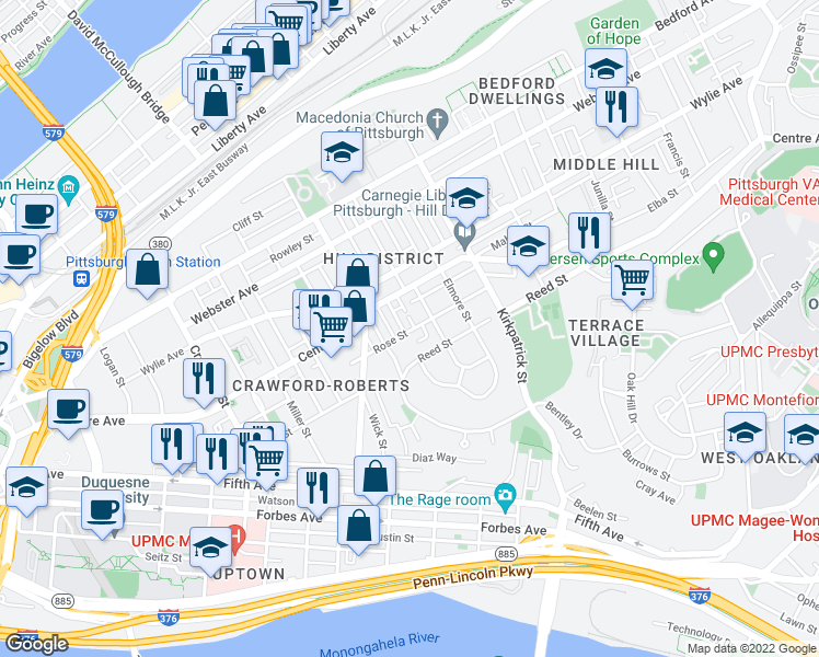 map of restaurants, bars, coffee shops, grocery stores, and more near 2056 Rose Street in Pittsburgh