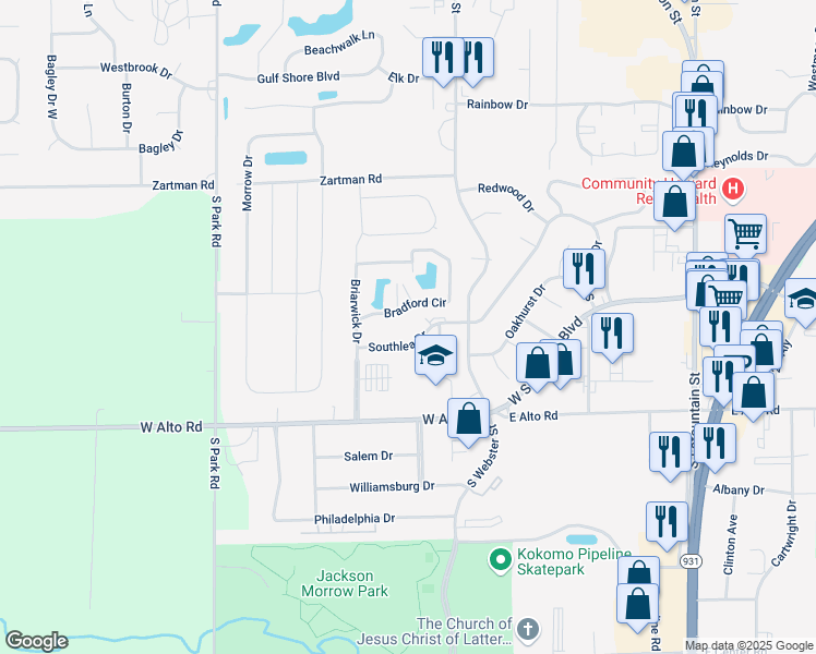 map of restaurants, bars, coffee shops, grocery stores, and more near 610 Southlea Drive in Kokomo
