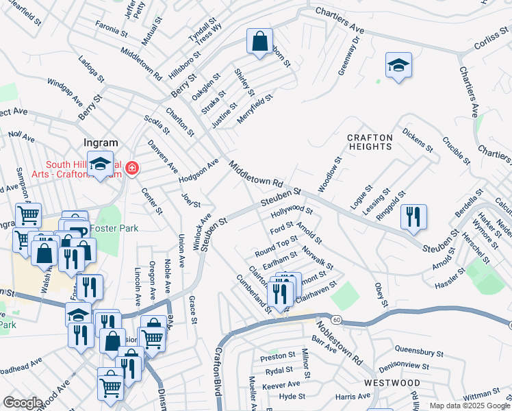 map of restaurants, bars, coffee shops, grocery stores, and more near 1741 Stratmore Avenue in Pittsburgh