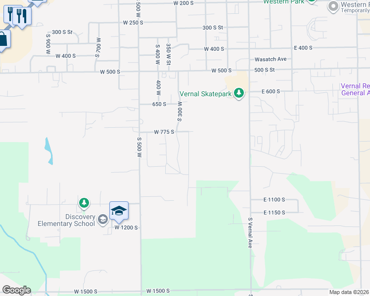 map of restaurants, bars, coffee shops, grocery stores, and more near 836 South 250 West in Vernal