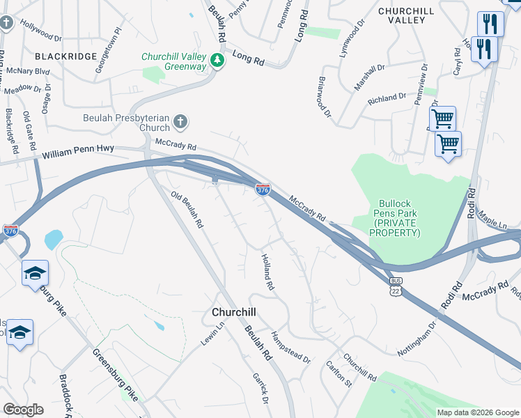 map of restaurants, bars, coffee shops, grocery stores, and more near 8 Churchill Road in Pittsburgh