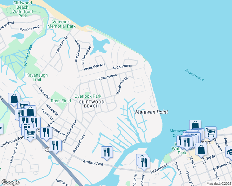 map of restaurants, bars, coffee shops, grocery stores, and more near 910 Malden Drive in Keyport