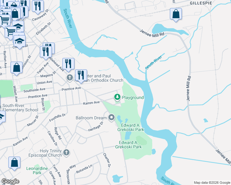 map of restaurants, bars, coffee shops, grocery stores, and more near 10 Marie Street in South River