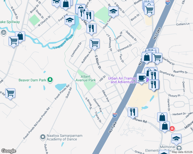 map of restaurants, bars, coffee shops, grocery stores, and more near 88 George Street in Milltown