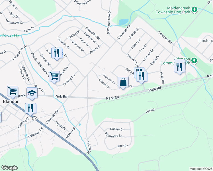 map of restaurants, bars, coffee shops, grocery stores, and more near 130 Village Drive in Blandon