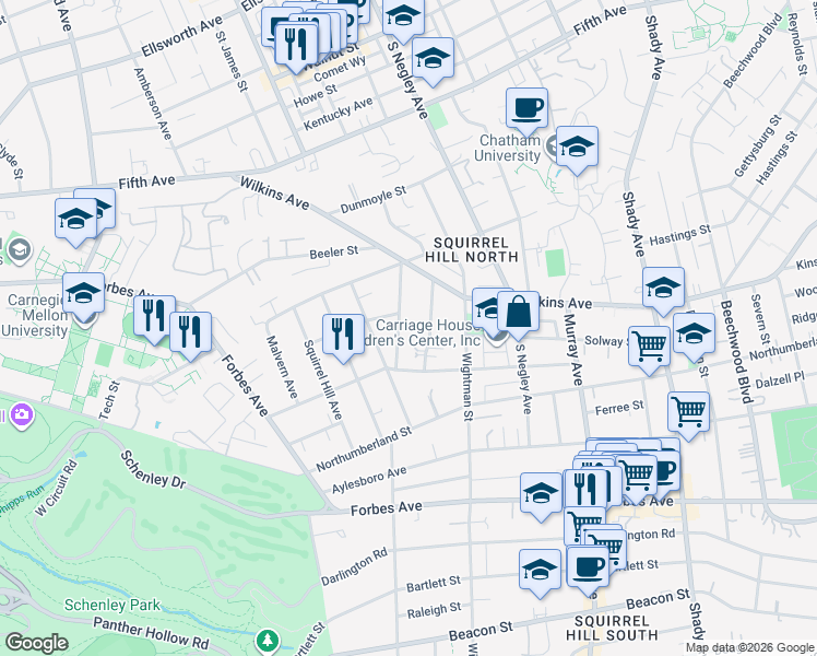 map of restaurants, bars, coffee shops, grocery stores, and more near 1323 Murdoch Road in Pittsburgh