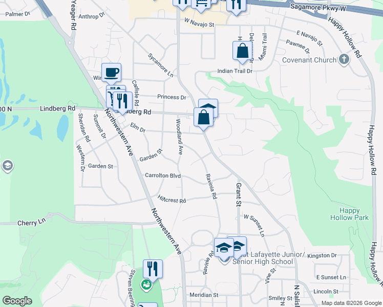 map of restaurants, bars, coffee shops, grocery stores, and more near 1805 Ravinia Road in West Lafayette