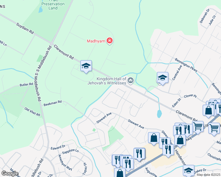 map of restaurants, bars, coffee shops, grocery stores, and more near 112 Pear Tree Lane in Franklin Township