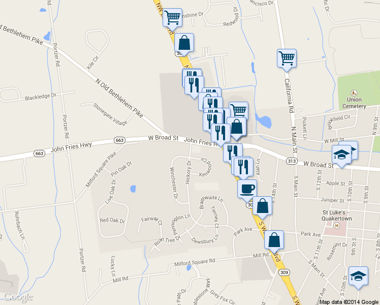 map of restaurants, bars, coffee shops, grocery stores, and more near 125 Hickory Drive in Quakertown