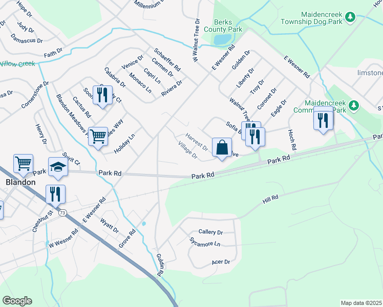 map of restaurants, bars, coffee shops, grocery stores, and more near 130 Village Drive in Blandon
